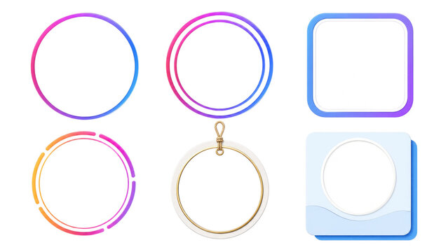 Set of six decorative frames and badges including gradient circular rings, double ring, rounded square, segmented ring, gold hanging tag and layered square badge