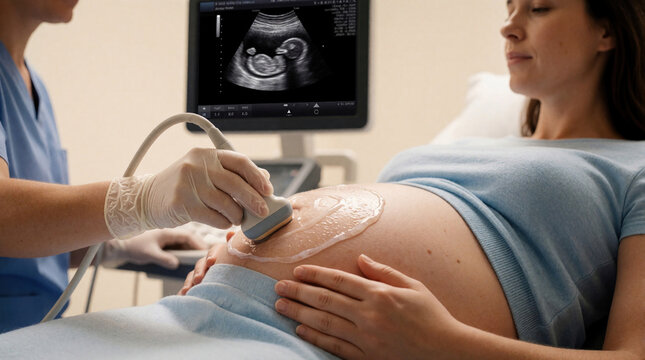 Pregnant woman gets ultrasound exam with technician applying gel to belly. Screen shows baby image. Medical check for fetal development and maternal care.