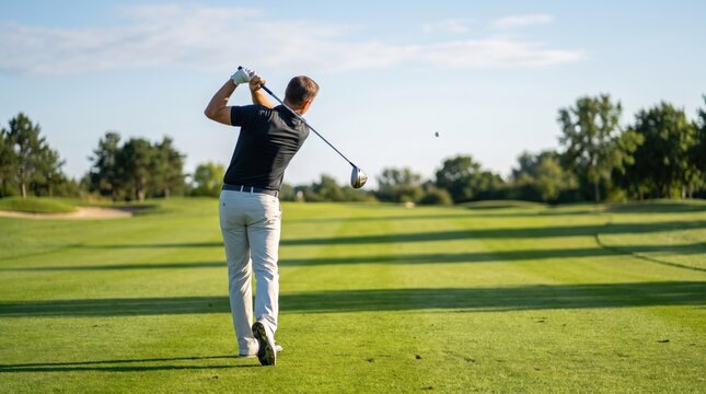 Golfer in a dark polo shirt and light trousers follows through with a golf swing on a sunny green fairway, with trees and a clear blue sky in the background