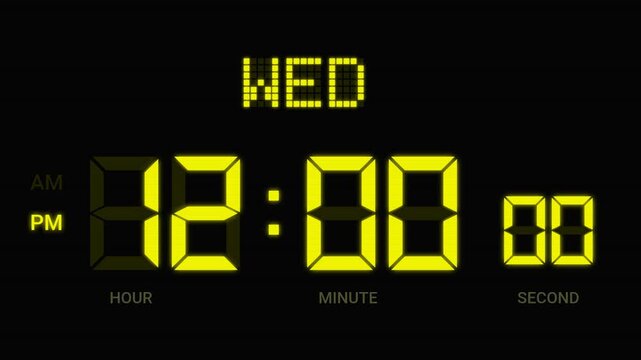 Animated yellow LED digital clock showing fast forward days of the week and time on black background