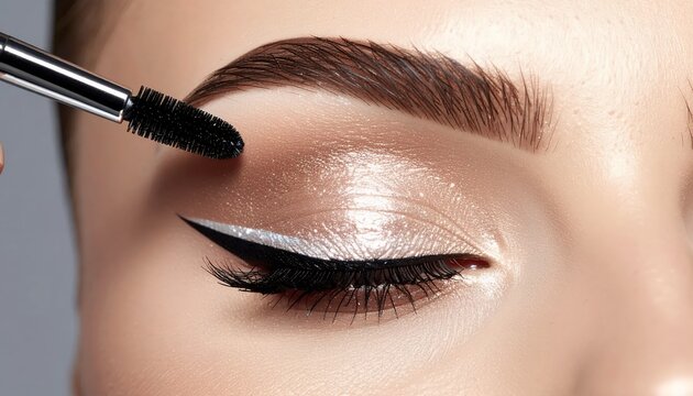 Beautiful woman applying makeup with mascara brush on her eye with shiny eyeshadow.