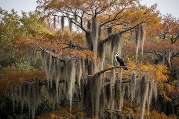 Naklejka premium Osprey bird perches on branch of tree covered in Spanish moss. Autumn colors on foliage create a natural scene with a wild animal in its habitat.
