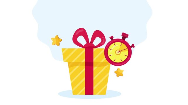 Gift box with stopwatch motion graphic.