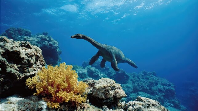 An Elasmosaurus with a long neck glides underwater past ancient corals and sea plants. This realistic marine reptile scene captures prehistoric ocean life in vibrant detail.