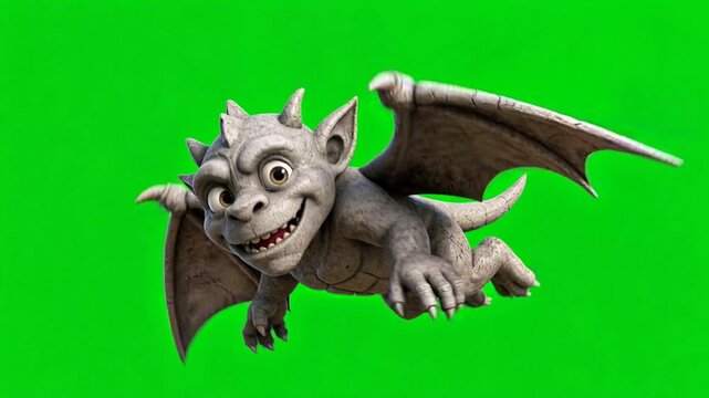 Cute Stone Gargoyle Creature Flying with Spread Wings Isolated on Green Screen Background, Perfect for Halloween Fantasy Character Animation