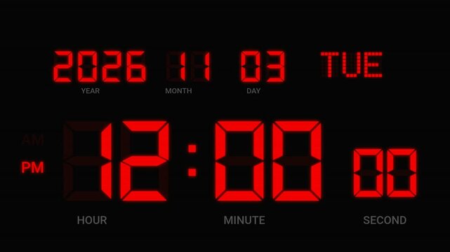 Animated red LED digital clock and calendar displaying fast forward passing days on a dark background