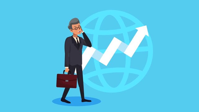Businessman talking on phone with world globe and growth arrow in background motion graphic.