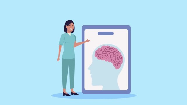 Female nurse presenting human brain profile animation for medical education and neurology healthcare concepts.