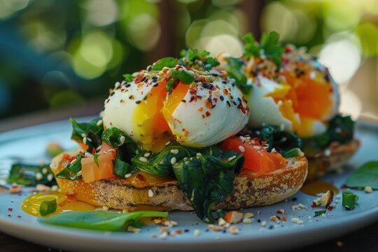 Beautifully presented bruschetta with fresh chard, spinach, smoked salmon, poached eggs, and a sprinkle of dukkah, set against a blurred garden backdrop