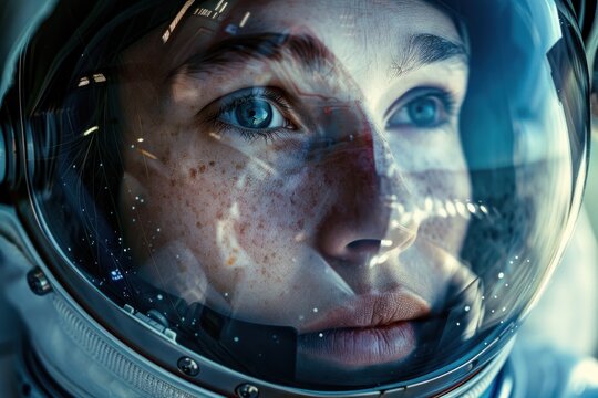 Contemplative female astronaut in close-up, with a detailed helmet visor reflecting the vastness of space, highlighting the human presence in space exploration and the awe in her eyes