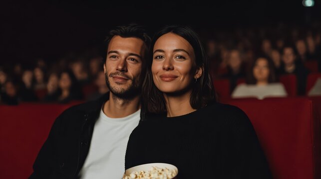 A young couple enjoys a romantic movie night, sharing popcorn in a cozy cinema. Their smiling faces are warmly illuminated by the theater&rsquo;s screen, radiating a first date vibe.