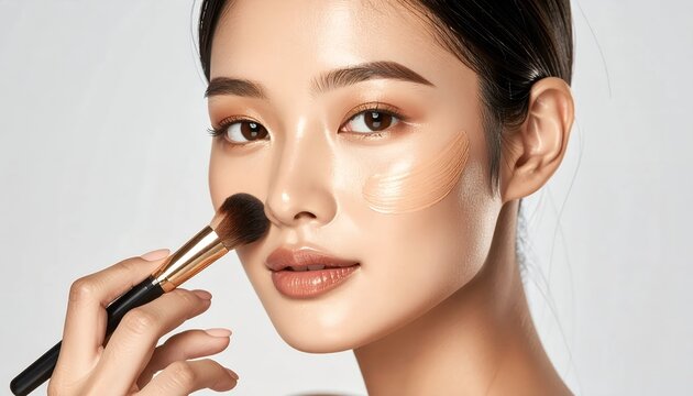 Beautiful young woman applying makeup on her face with a brush in studio.
