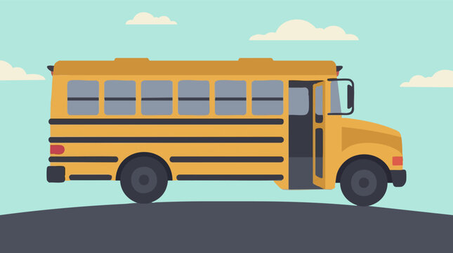Flat design yellow school bus with open door on road, transportation
