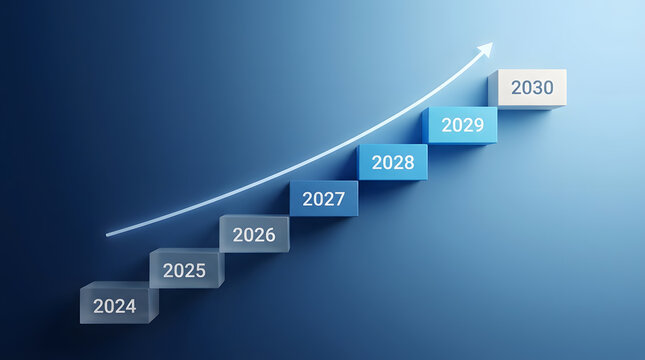 Step Blocks from 2024 to 2030 with Upward Growth Arrow on Blue Background
