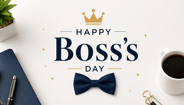 Professional Boss's Day celebration greeting with office accessories.

