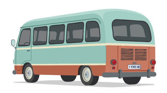 Vintage cartoon mini bus illustration in teal and orange on white background