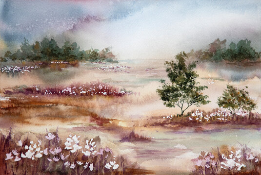 Watercolour painting of misty field and lonely tree