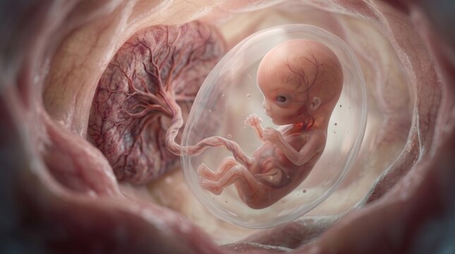 3D medical rendering of an early-stage human embryo developing inside the amniotic sac within the uterus. The umbilical cord connects to a detailed placenta on the uterine wall.