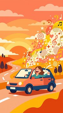 Woman sings loudly while driving car on winding road at sunset. Symbolizes personal joy and creativity as therapy. Perfect for mental health awareness or self care content.