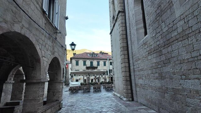 A view of the old town streets of Kotor, a tourist town in Montenegro