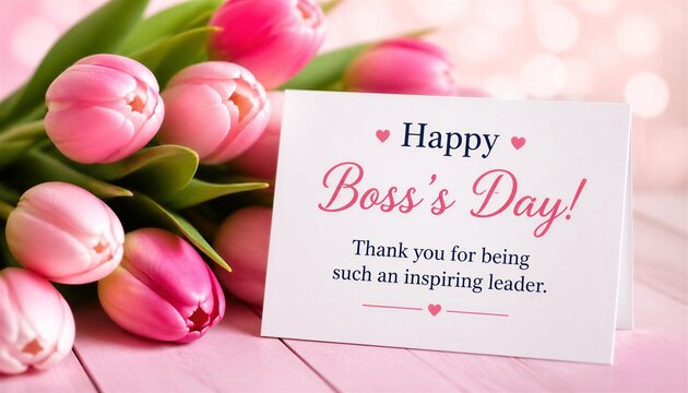 A festive greeting card for Boss's Day with fresh pink tulips.