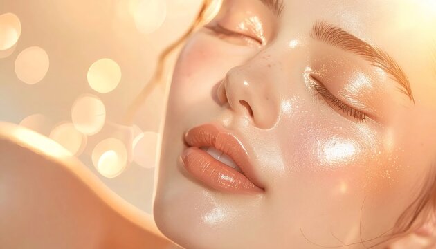 Beautiful young woman face with glowing skin and makeup against warm bokeh light background.