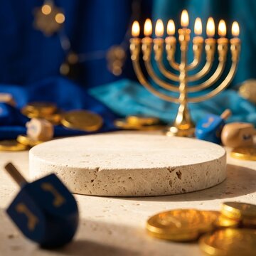 Hanukkah Stone Podium Display with Menorah, Dreidels, and Gelt