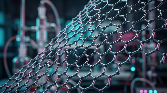 Close up of a hexagonal carbon graphene molecular structure in a laboratory