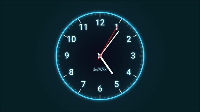 Animated glowing blue neon analog clock with ticking red second hand and winter text on dark background