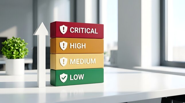 Risk Assessment Framework Showing Critical, High, Medium, and Low Risk Levels With an Upward Arrow Representing Increasing Priority and Business Risk Management