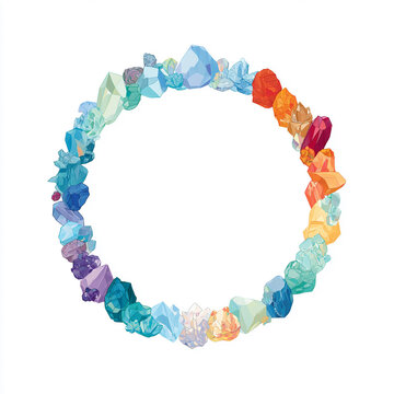 Circular Wreath Made of Colorful Crystals and Natural Mineral Specimens, Rainbow Gemstone Frame Isolated on White Background