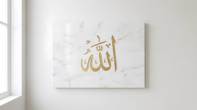 Elegant Gold Allah Calligraphy on Marble Wall Art Mockup.