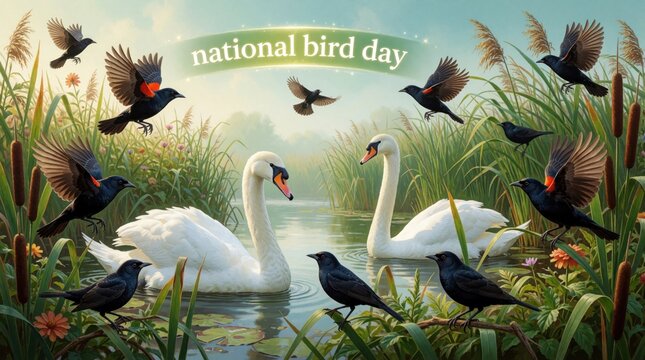 National bird day celebrated with swans and blackbirds in marsh. Avian wildlife swims, flies near reeds and water. Nature scene promotes conservation awareness.
