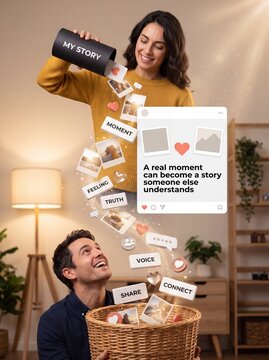 Smiling couple pouring photos from black tube into basket while social media icons and text float in warm indoor room with woven basket floating pouring polaroid happy couple communication