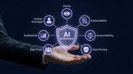 Obraz premium AI Governance Framework for Responsible Business Technology Featuring Human Oversight, Explainability, Accountability, Data Privacy, Auditability, Clarity, and User Trust