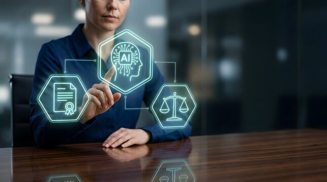 AI Governance and Ethical Business Management Concept Featuring Artificial Intelligence, Certified Documentation, and Justice Symbols for Responsible Corporate Decision Making