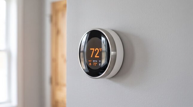 Modern round digital thermostat mounted on a light gray interior house wall