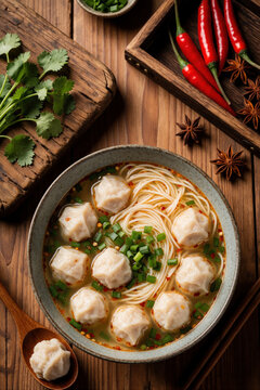 Bowl of fishball noodle soup with noodles broth garnished with chopped green onions and cilantro. Served on rustic wooden table with chili peppers and star anise.