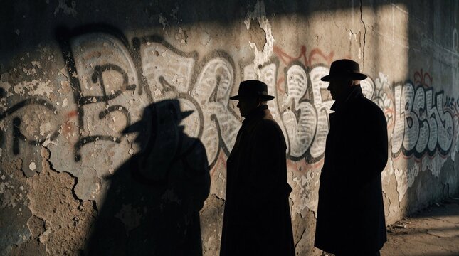 Two men in fedora hats, long coats stand near graffiti wall. Moody shadows create silhouettes on concrete surface. Mystery atmosphere in urban alleyway. Noir style street photography with dramatic