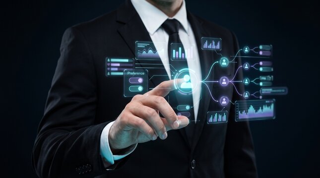 Businessman touches a glowing virtual screen showing organizational charts and data analytics dashboards.