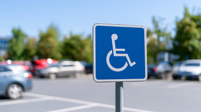 Blue and white handicap parking sign in a crowded parking lot with cars blurred in the background representing accessibility and inclusion