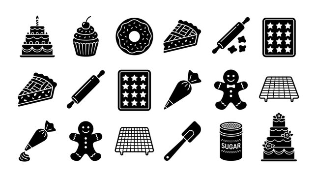 Cakes, Pastries, and Baking Icons Set with Gingerbread Man, Rolling Pin, and Piping Bag Design. and Pastry and Dessert