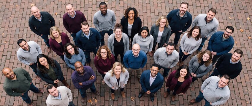 Diverse group of business people looking up, corporate team portrait
