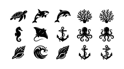 Obraz premium Marine Life Icons Set with Sea Creatures, Coral, Shells, and Nautical Elements. Underwater World Illustration for Design.