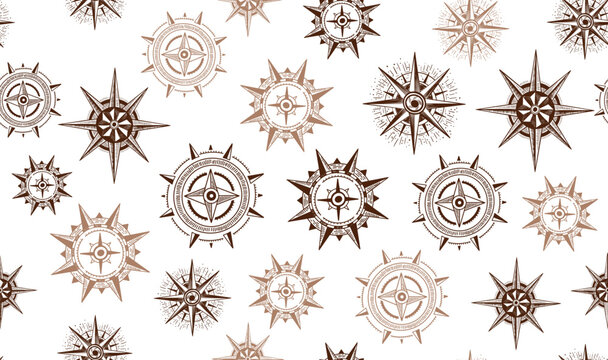Compass pattern on white, Wind rose, hand drawn Illustration.