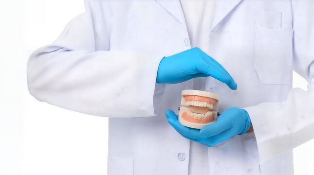 Dentist holding jaw teeth model showing oral hygiene and dental care care