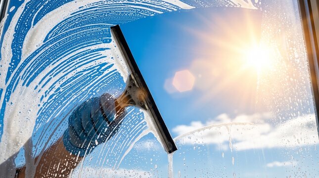 Gloved hand skillfully using a squeegee to clean soapy window glass, revealing a bright, clear view