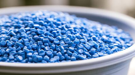 Fototapeta premium Blue plastic polymer resin pellets in a container, raw material for injection molding process in industrial manufacturing and production