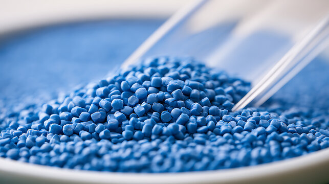 Blue plastic polymer resin pellets in a container with lab scoop for industrial manufacturing, chemical production, and material science