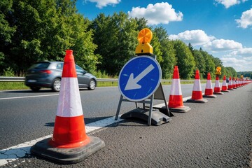 Naklejka premium Highway lane closed for road maintenance. Orange traffic cones, blue arrow sign mark detour on asphalt. Car drives past construction zone under sunny blue sky. Warning lights guide drivers through